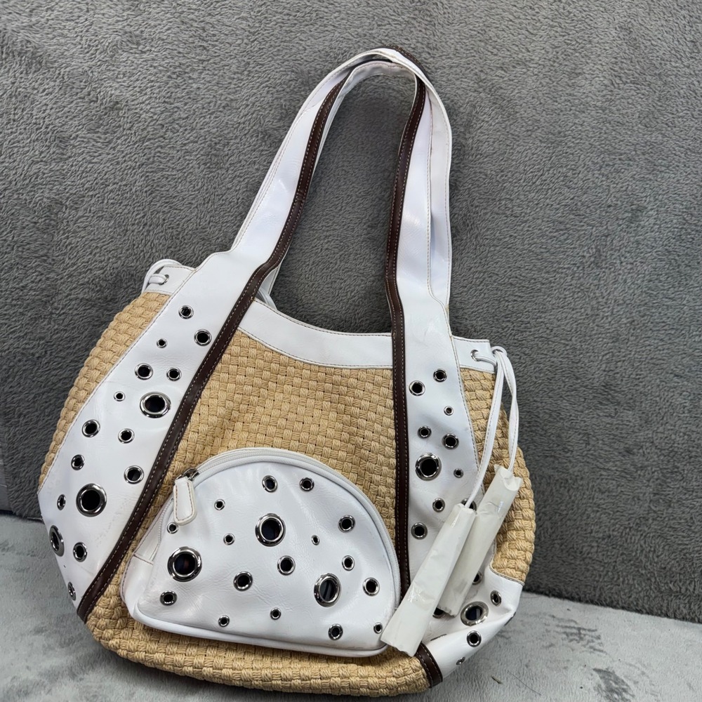 Sharif Studio Straw Hobo Bag Women Large White Beige Good Woven Grommet Tote